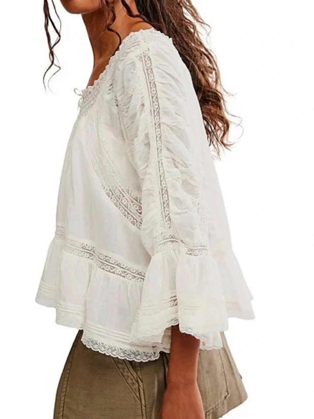 🌷Free People She's A Romantic Boat Neck Bell Sleeve Lace Paneling Blouse